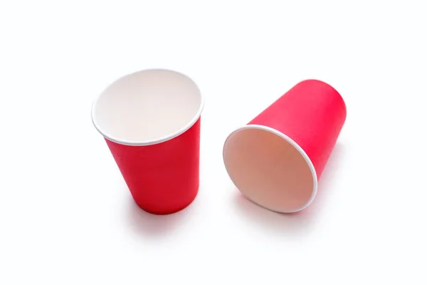 Two Disposable Red Cups Coffee Drinks Made Cardboard White Background — 图库照片