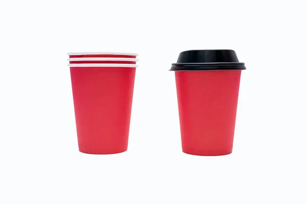 Disposable Red Cardboard Coffee Cups Isolated White Background One Coffee — Φωτογραφία Αρχείου