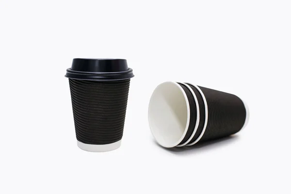 Black Disposable Cardboard Cups White Background One Disposable Black Cup — Fotografia de Stock
