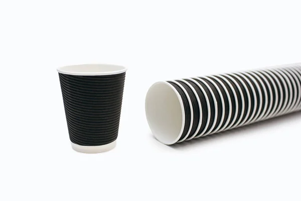 Large Number Black Disposable Cardboard Cups White Background One Disposable — Zdjęcie stockowe