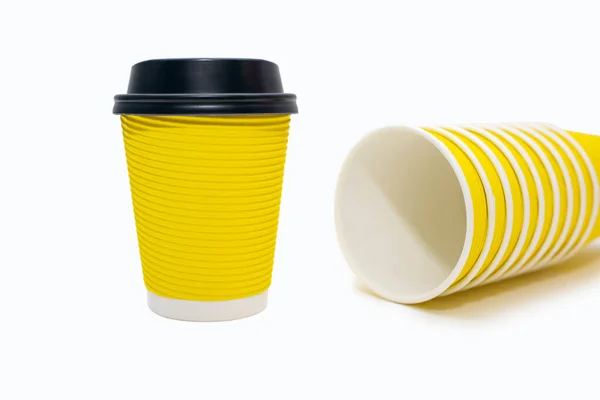 Yellow Disposable Cardboard Cups White Background One Disposable Yellow Cup — Foto de Stock