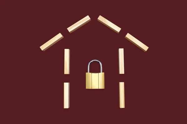 House Shape Wooden Rectangles Brown Background Closed Padlock Concept Protection — 스톡 사진
