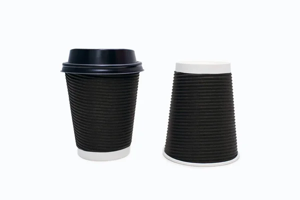 Two Disposable Black Cardboard Coffee Cups White Background One Coffee — Foto de Stock