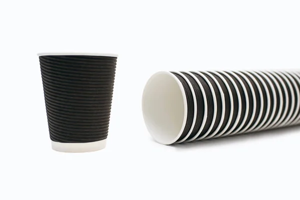 Large Number Black Disposable Cardboard Cups White Background One Disposable — Zdjęcie stockowe
