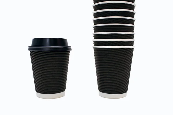 Large Stack Unused Cardboard Cups One Black Disposable Cup Plastic — Photo