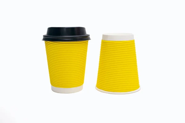 Disposable Yellow Cardboard Coffee Cups Isolated White Background One Coffee — Foto de Stock
