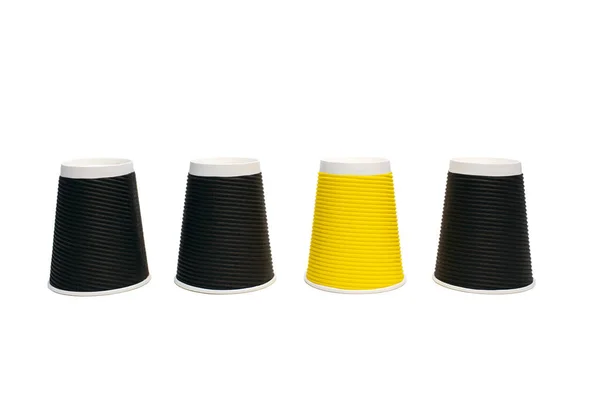 Disposable Cardboard Coffee Cups Yellow Black White Background Three Black —  Fotos de Stock