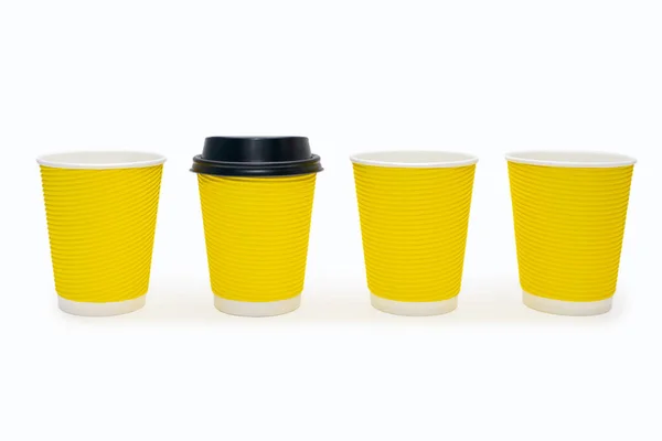 Four Disposable Cardboard Cups Lined Row White Background Bright Coffee — Photo