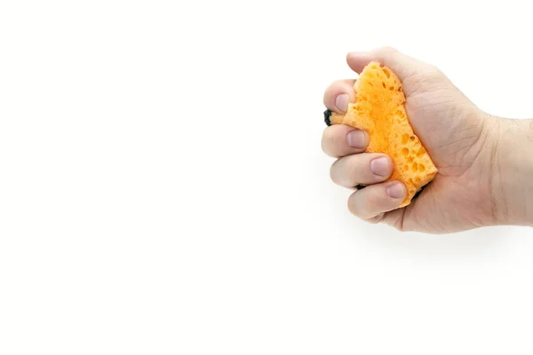 Orange Sponge Washing Dishes Hand White Background Man Hand Squeezes — Stockfoto