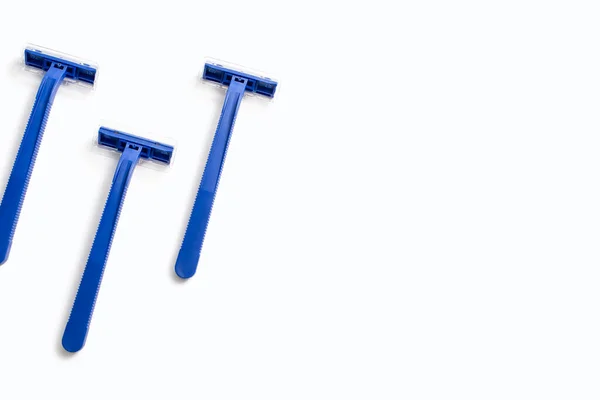 Three Blue Plastic Razors White Background Disposable Blue Plastic Razors — 스톡 사진