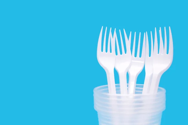 Disposable Plastic Forks Glasses Blue Background Free Space Text Disposable — Stock fotografie