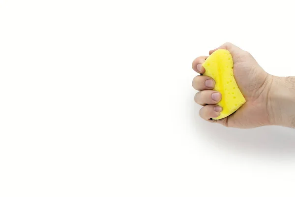 Yellow Sponge Washing Dishes Hand White Background Man Hand Squeezes — Stockfoto