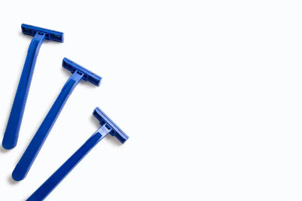 Three Blue Plastic Razors Located White Background Disposable Blue Plastic — Stock Photo, Image