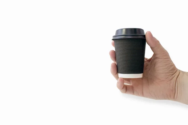 Black Cardboard Coffee Cup Hand White Background Man Holds Disposable — Fotografia de Stock