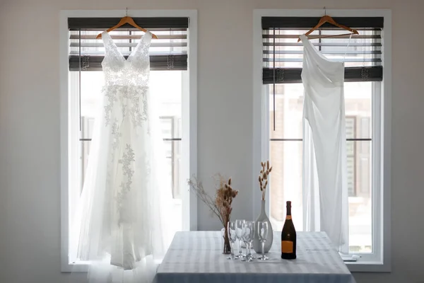 Two White Wedding Dresses Room Background Window Same Sex Lesbian — Stockfoto