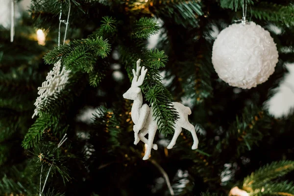 Christmas Toys Tree White Deer Balls Snowflake — Zdjęcie stockowe