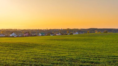 Yeşil tarla, ufukta tatil köyü. Gün batımından sonra turuncu gökyüzü. Sonbahar Akşam Doğası