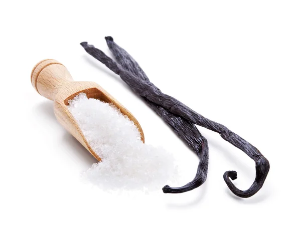 Vanilya pods ve vanilya şekeri üzerine beyaz izole — Stok fotoğraf