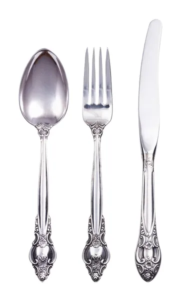 retro çatal çatal bıçak ve üzerinde beyaz izole kaşık set