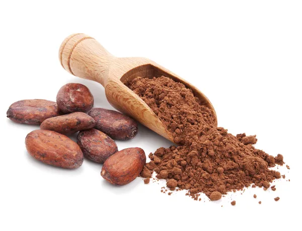 Chicchi di cacao e cacao in polvere isolate su bianco Immagini Stock Royalty Free
