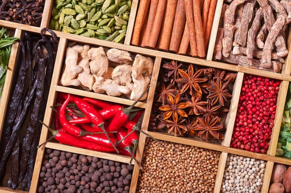 Kryddor och örter i trälåda — Stockfoto