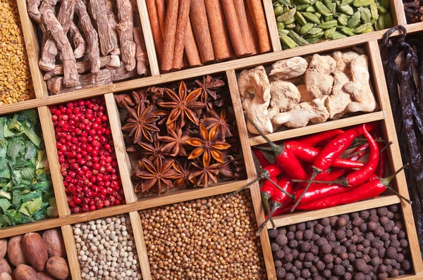 Spices and herbs in wooden box — Stock Photo, Image