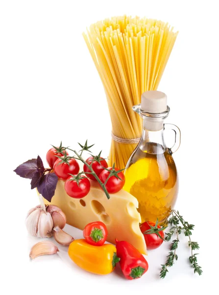 Still life with pasta ingredients isolated on white — Stock Photo, Image