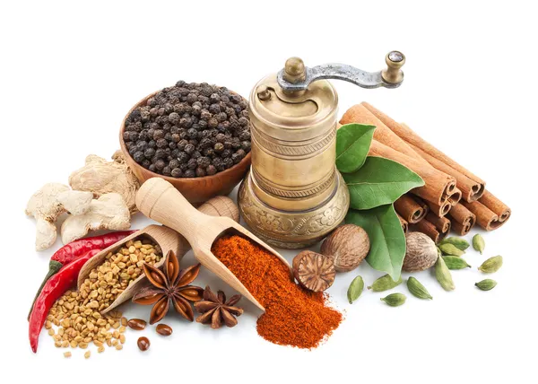 Composition with different spices and herbs isolated Stock Photo