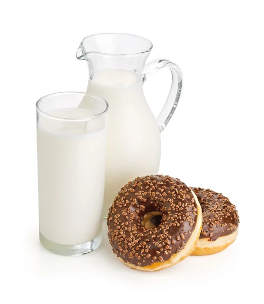 Breakfast with milk and chocolate donuts — Stock Photo, Image
