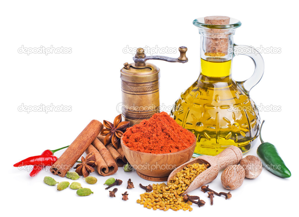 still life with spices and olive oil isolated on white