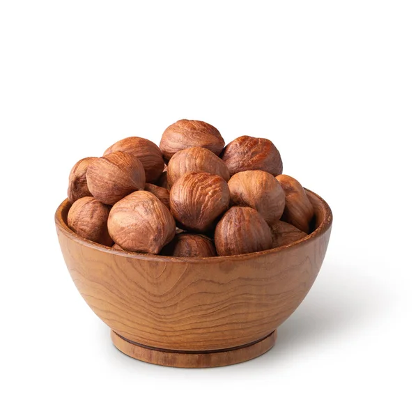 Wooden Bowl Full Hazelnuts Isolated White Background Deep Focus — Stockfoto