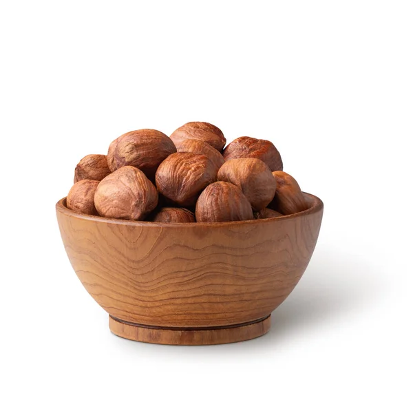 Wooden Bowl Full Hazelnuts Isolated White Background Deep Focus — Stok Foto