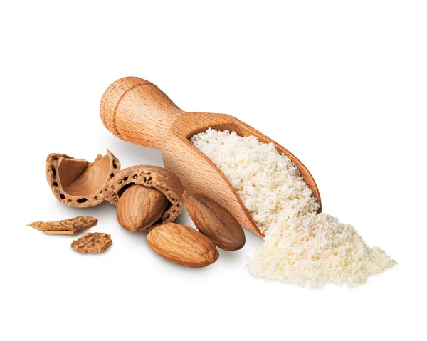 Wooden Scoop Full Almond Flour Isolated White Deep Focus — стоковое фото