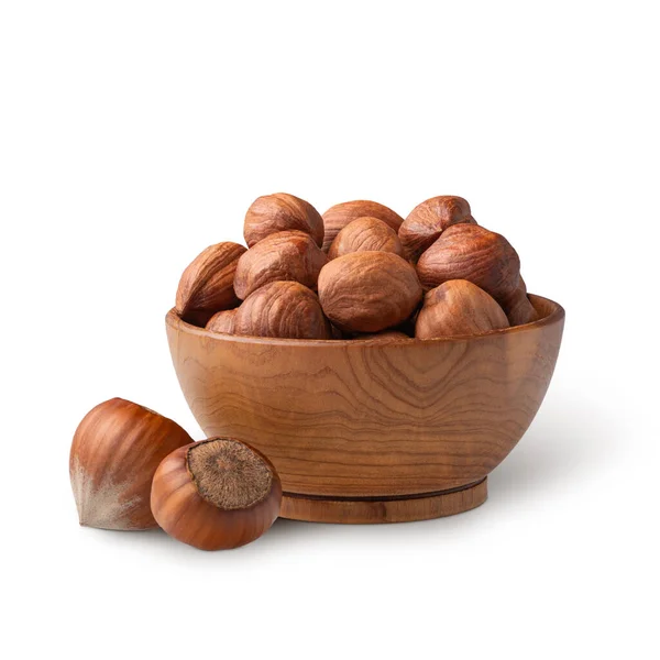 Wooden Bowl Full Hazelnuts Isolated White Background Deep Focus — Stok Foto