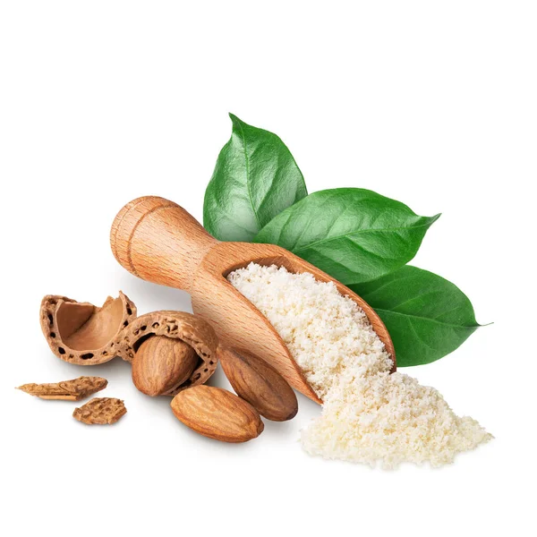 Wooden Scoop Full Almond Flour Isolated White Deep Focus — Stock Fotó