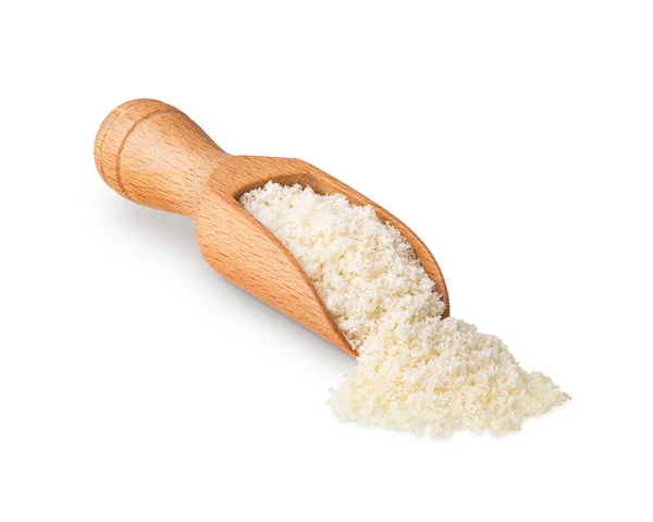 Wooden Scoop Full Almond Flour Isolated White Deep Focus — Fotografie, imagine de stoc