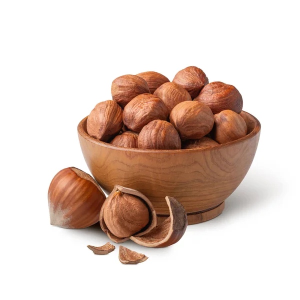 Wooden Bowl Full Hazelnuts Isolated White Background Deep Focus - Stock-foto