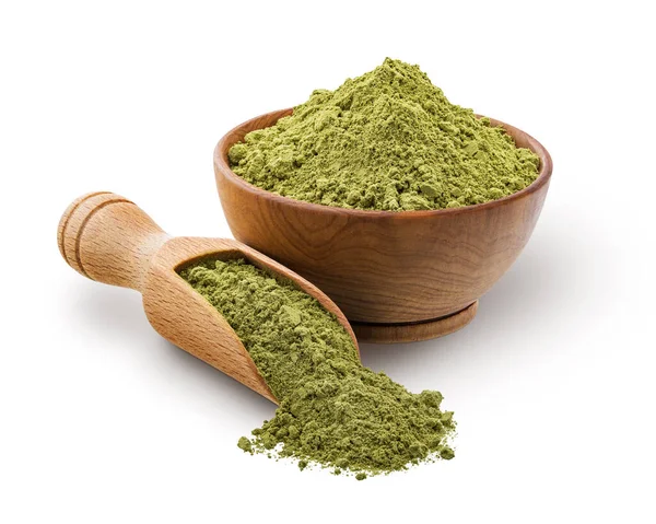 Wooden Scoop Bowl Full Matcha Powder Isolated White Background Deep — Stock Photo, Image