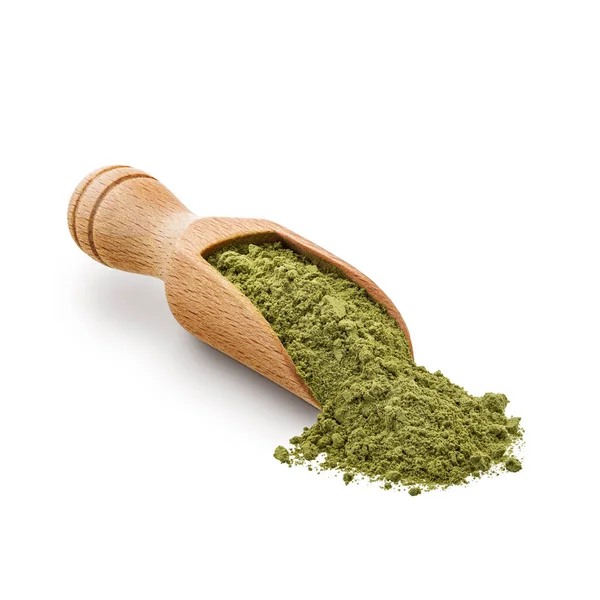 Wooden Scoop Full Matcha Powder Isolated White Background Deep Focus — Photo