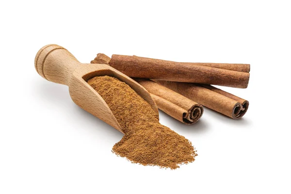 Cinnamon Scattered Wooden Scoop Isolated White Background Deep Focus — Stockfoto