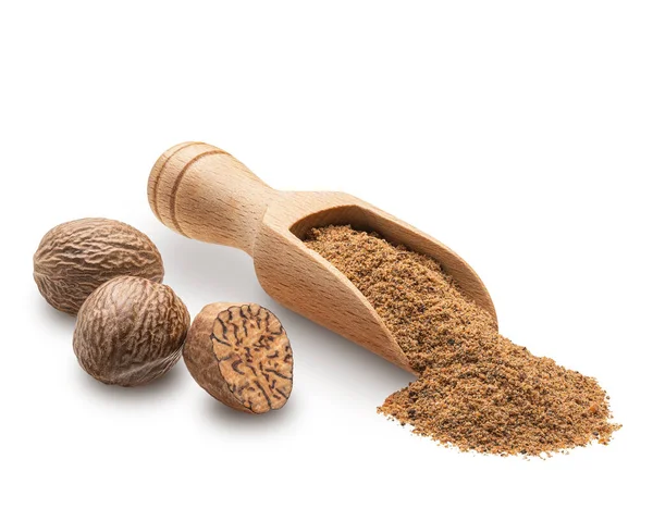 Nutmeg Powder Wooden Scoop Isolated White Background Deep Focus — Stock Photo, Image