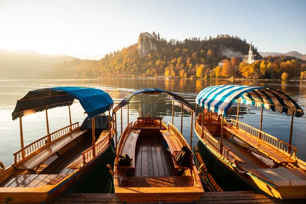 Resim Mükemmel Göl Kenarında Geleneksel Ahşap Tekneler Bled Slovenya — Stok fotoğraf