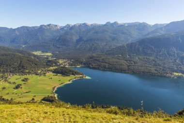 Slovenya 'daki Triglav ulusal parkının dağlarıyla çevrili güzel Bohinj Gölü