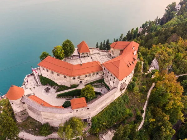 Letecký pohled na jezero Bled a hrad Bled, Slovinsko, Evropa. Fotografie leteckých dronů. — Stock fotografie