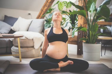 Genç, güzel, hamile bir kadın evinde yoga eğitimi veriyor. Annelik, hamilelik, sağlıklı yaşam tarzı ve yoga konsepti