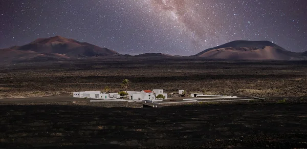 Amazing Nocturnal Panoramic Landscape Volcano Craters Timanfaya National Park Milky — 스톡 사진