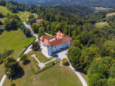 Beautiful aerial drone view of Bogensperk castle, Litija, Slovenia