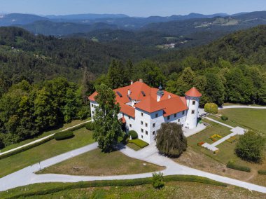 Beautiful aerial drone view of Bogensperk castle, Litija, Slovenia