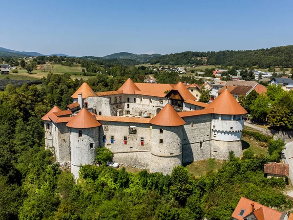 Aerial Drone View Medieval Castle Zuzemberk Seisenburg Sosenberch Positioned Terrace — Foto Stock