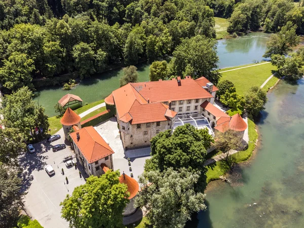 Romantic Otocec Castle Krka River Slovenia Drone View — 스톡 사진